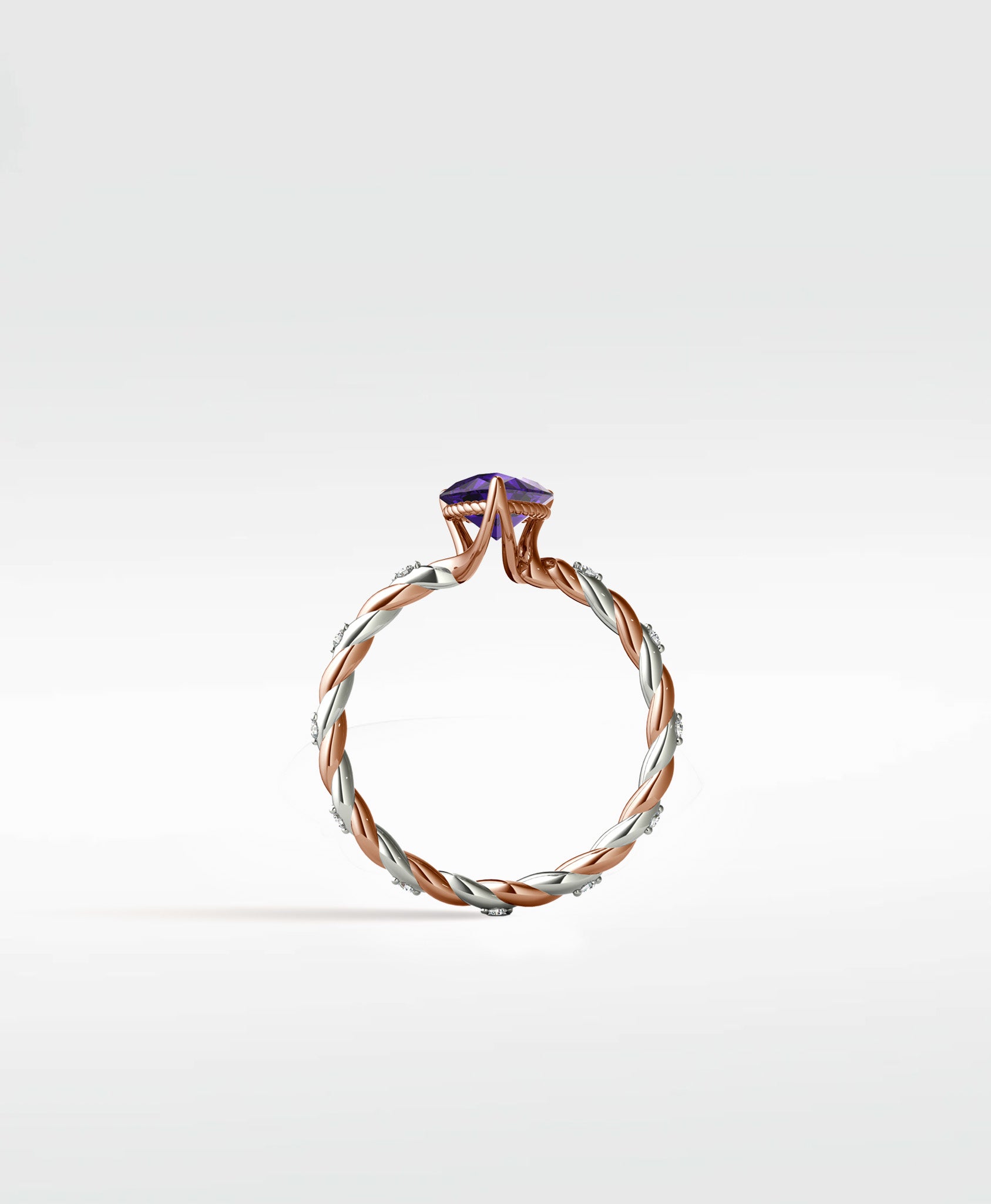 Side profile of the Violet Elm Engagement Ring with a twisted rose and white gold diamond band and a purple center stone.