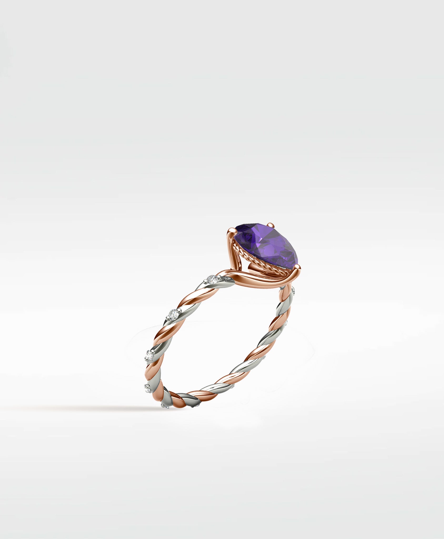 Violet Elm Engagement Ring featuring a purple gemstone on a twisted rose and white gold diamond band.