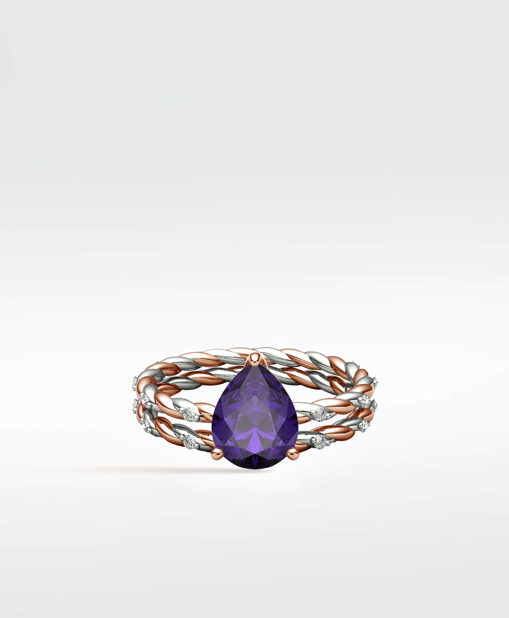 Violet Elm Engagement Ring with a pear-shaped purple gem on a twisted rose and white gold diamond band.