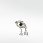 14k gold Evil Eye earring with a sapphire center, pavé diamonds, and two dangling pear-shaped diamond drops.