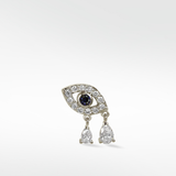 14k gold Evil Eye earring with a sapphire center, pavé diamonds, and two dangling pear-shaped diamond drops.