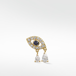 Right option for a 14k gold evil eye earring with a sapphire center and two dangling pear diamond drops.