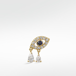 Left Option of a 14k gold Evil Eye earring with a sapphire center, diamond pavé, and two dangling pear-shaped diamonds.
