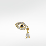 Lark & Berry 14k gold evil eye earring with a blue sapphire, diamond pavé, and a dangling pear-shaped diamond drop.