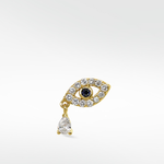 14k gold evil eye earring with pave diamonds, a blue sapphire center, and a pear-cut diamond drop.