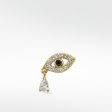 14k gold evil eye earring with pave diamonds, a blue sapphire center, and a pear-cut diamond drop.