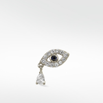 14k white gold Evil Eye earring with a blue sapphire pupil, pavé diamonds, and a dangling pear-cut diamond drop.