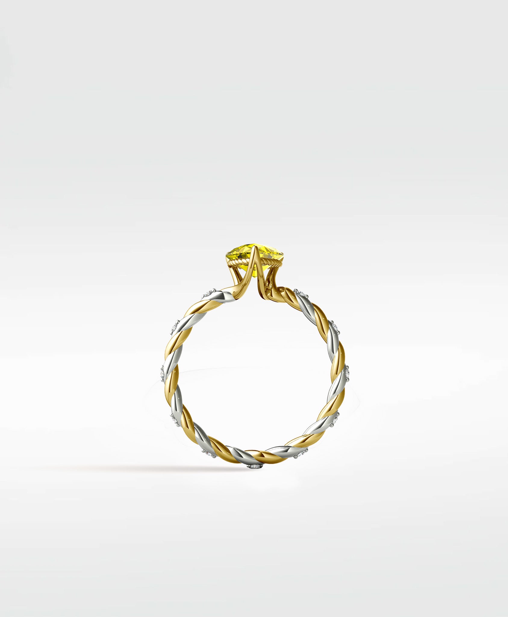 Canary Elm Engagement Ring featuring a yellow diamond on a twisted, two-tone band with pavé diamonds.
