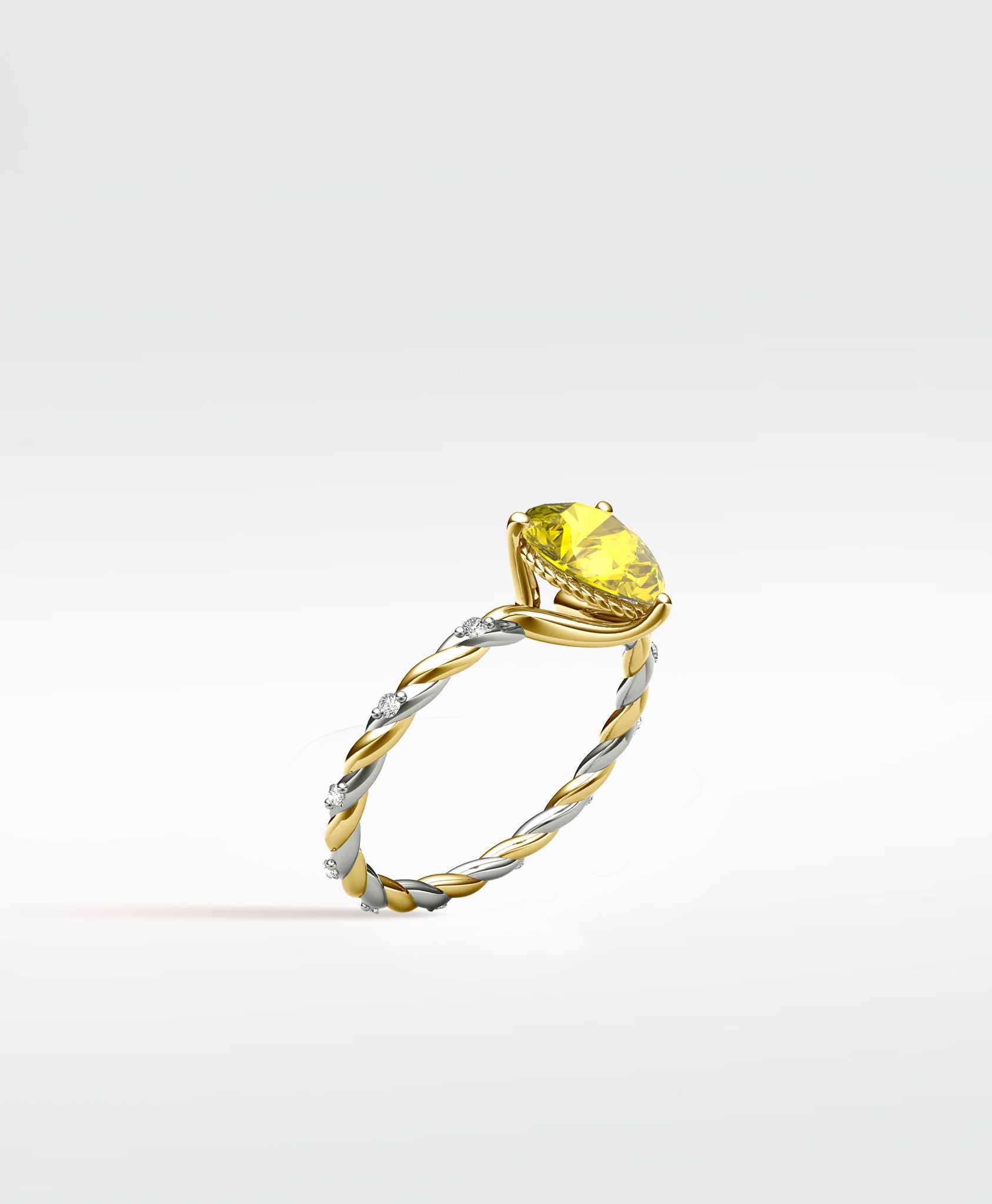 Canary Elm Engagement Ring with a yellow oval diamond on a two-tone twisted band with diamond accents.
