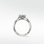 Profile view of the Zamifolia Engagement Ring in platinum, showing its floral setting, brilliant cut diamond, and pavé band.