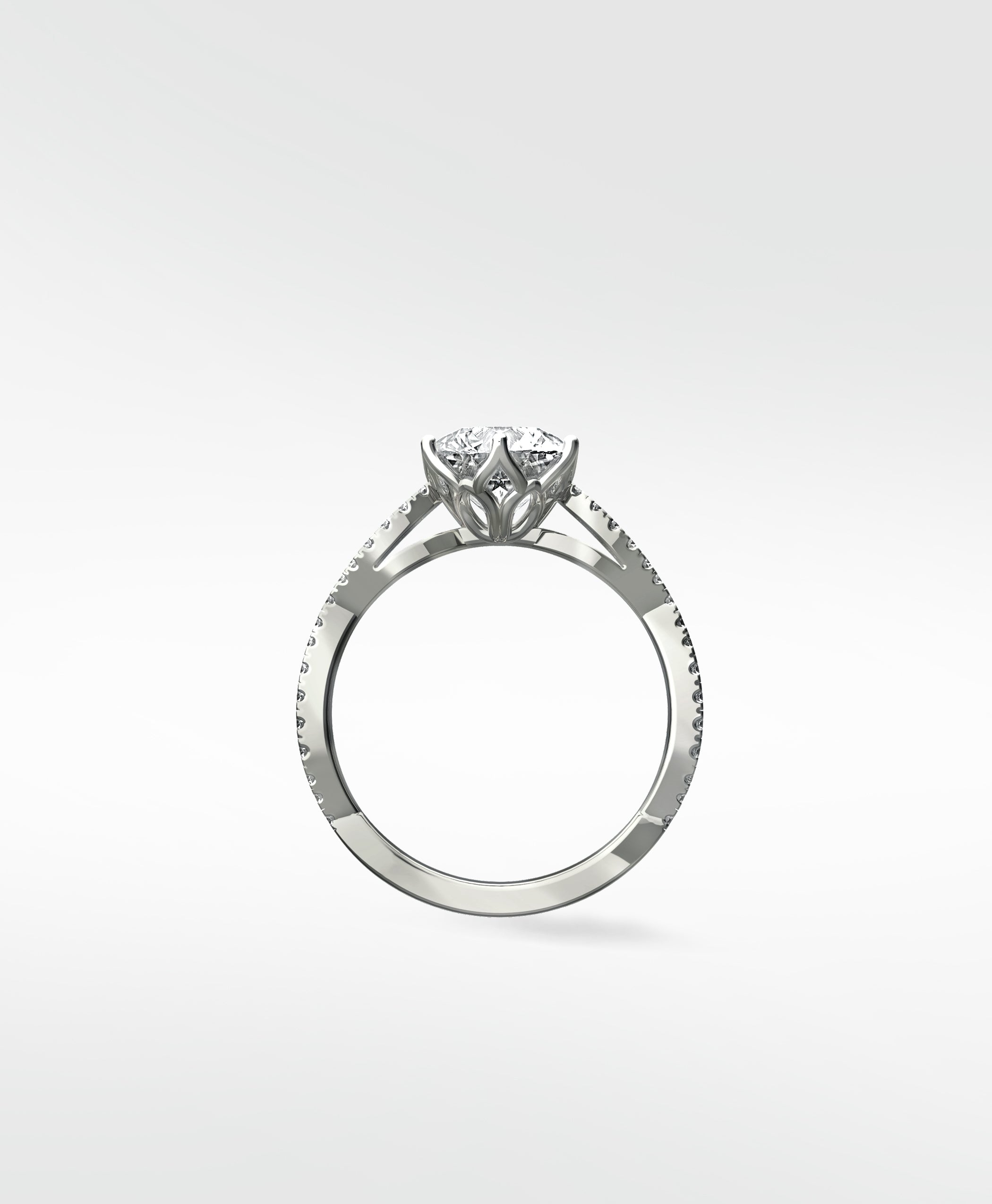 Profile view of the Zamifolia Engagement Ring in platinum, showing its floral setting, brilliant cut diamond, and pavé band.