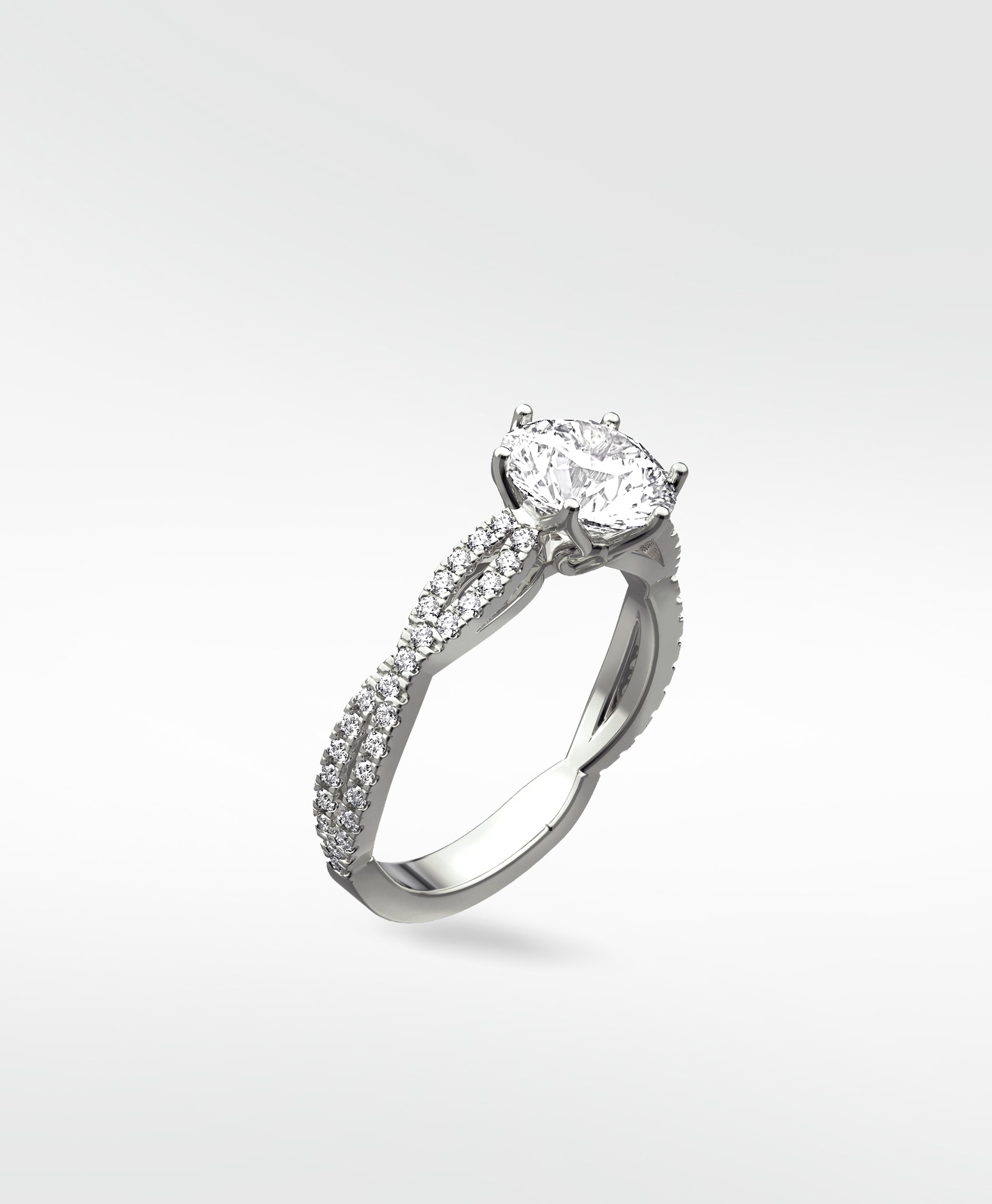 The Zamifolia Engagement Ring in platinum, featuring a brilliant cut diamond on a twisted pavé diamond band.