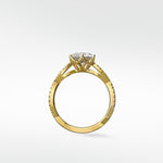 Side profile of the yellow gold Zamifolia Engagement Ring, featuring a brilliant-cut diamond in a floral setting and pavé band.