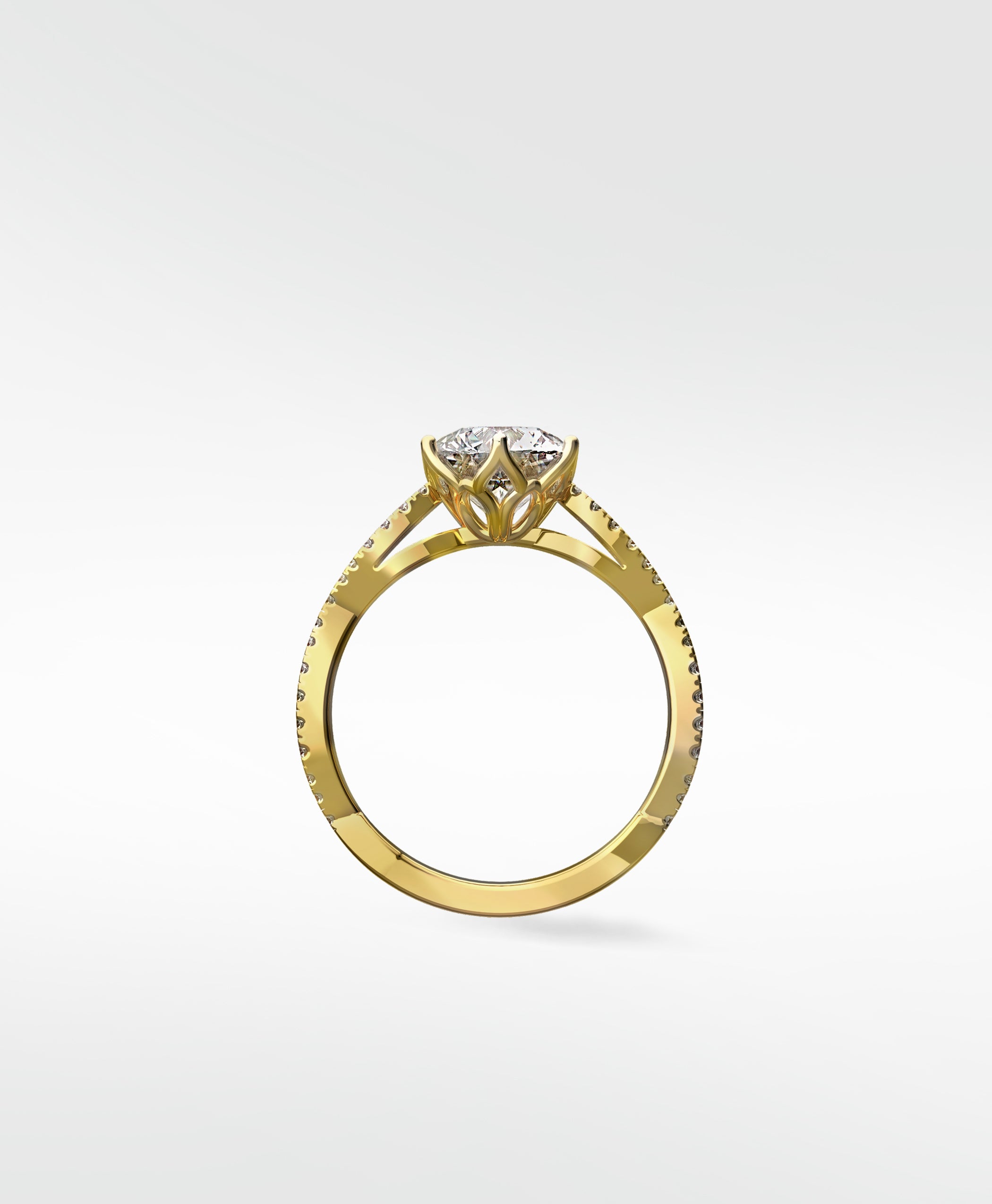 Side profile of the yellow gold Zamifolia Engagement Ring, featuring a brilliant-cut diamond in a floral setting and pavé band.