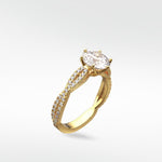 Zamifolia Engagement Ring in yellow gold with a brilliant cut diamond and a twisted pavé band, shown on a white background.