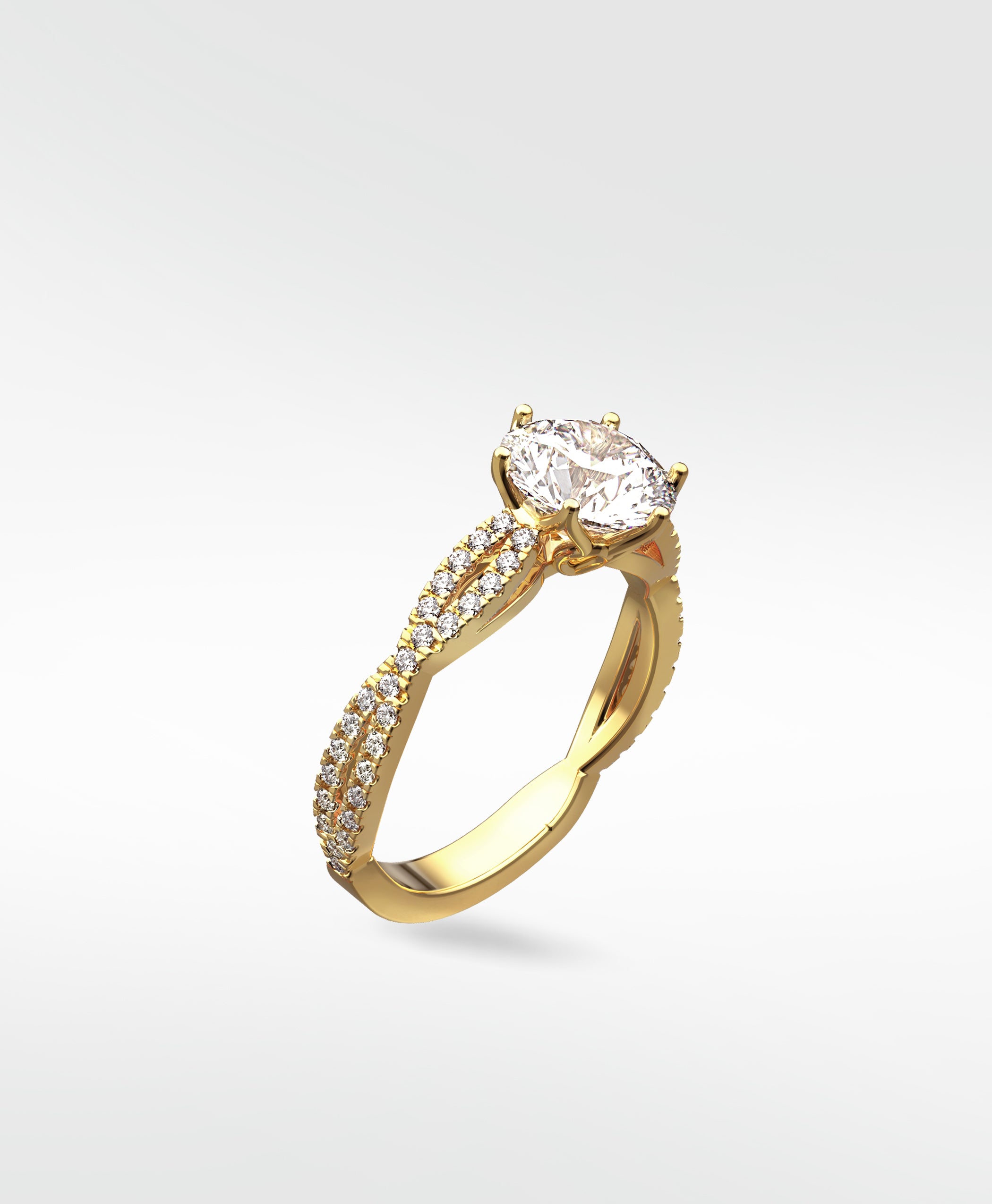 Zamifolia Engagement Ring in yellow gold with a brilliant cut diamond and a twisted pavé band, shown on a white background.