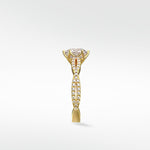 Side profile of the yellow gold Zamifolia Engagement Ring with its intricate twisted pavé diamond band.