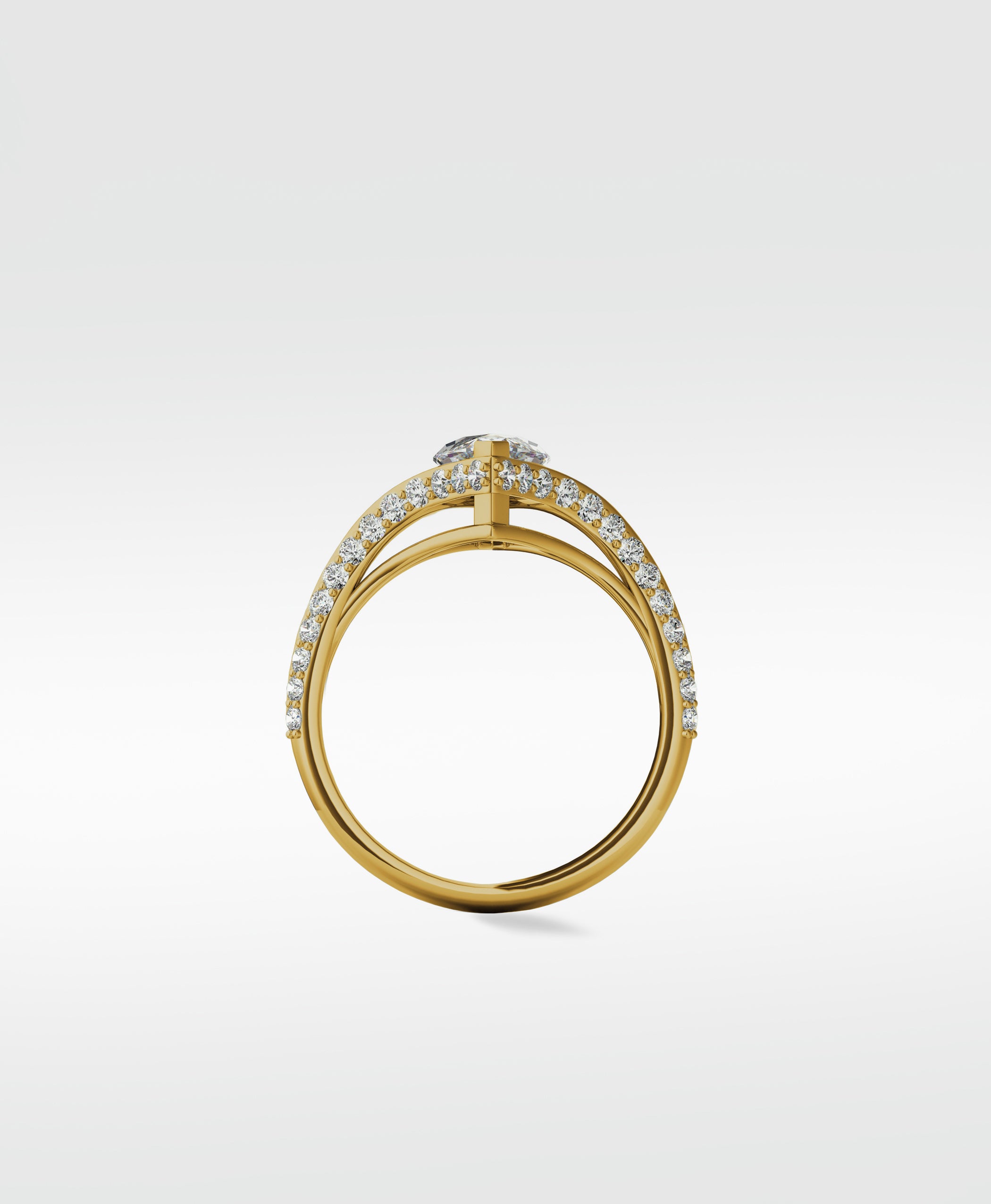 Side profile of the yellow gold Chestnut Diamond Engagement Ring, featuring a delicate pavé diamond split shank band.