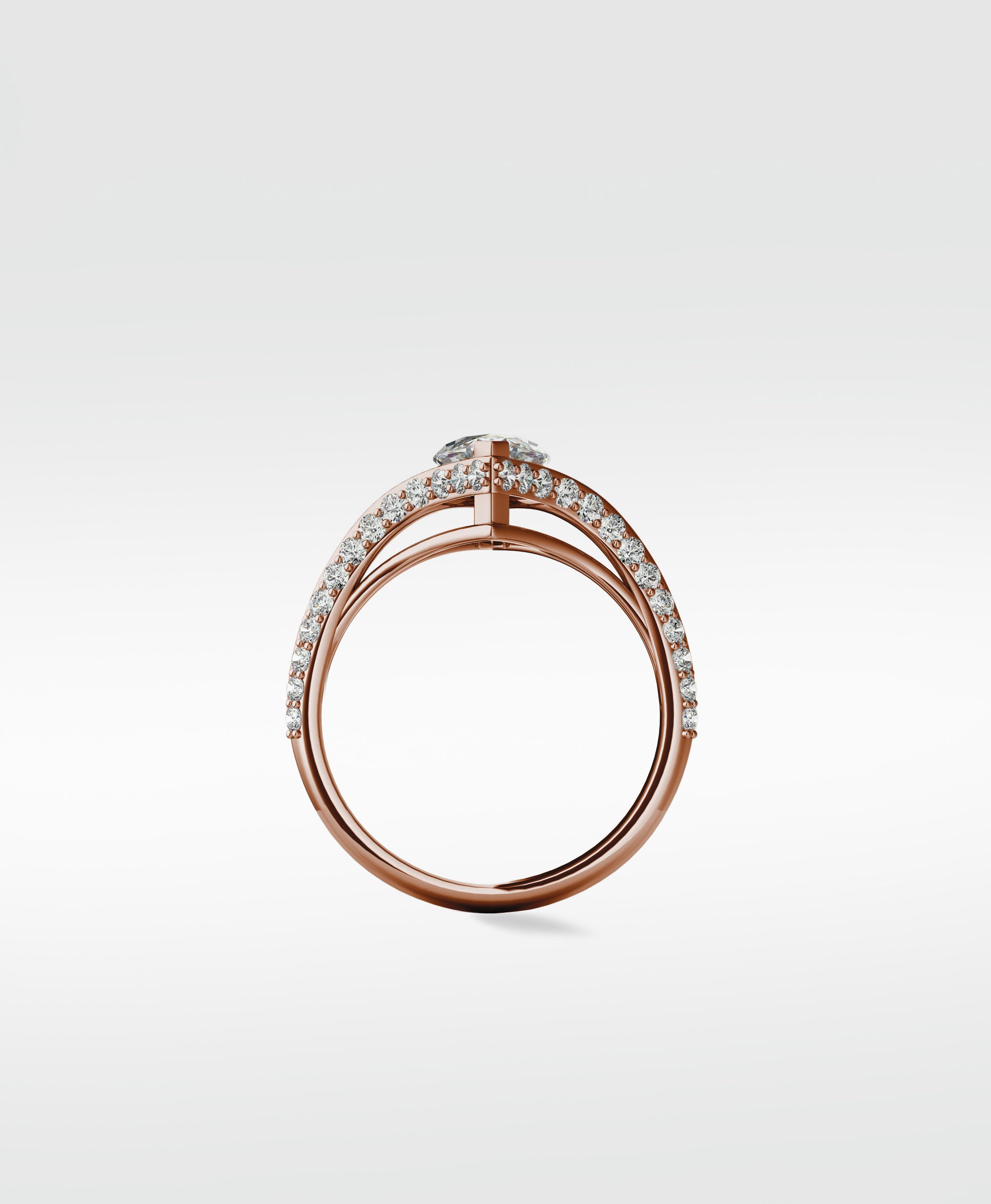 Profile of the modern Chestnut Diamond Engagement Ring in rose gold with a pavé diamond split shank.