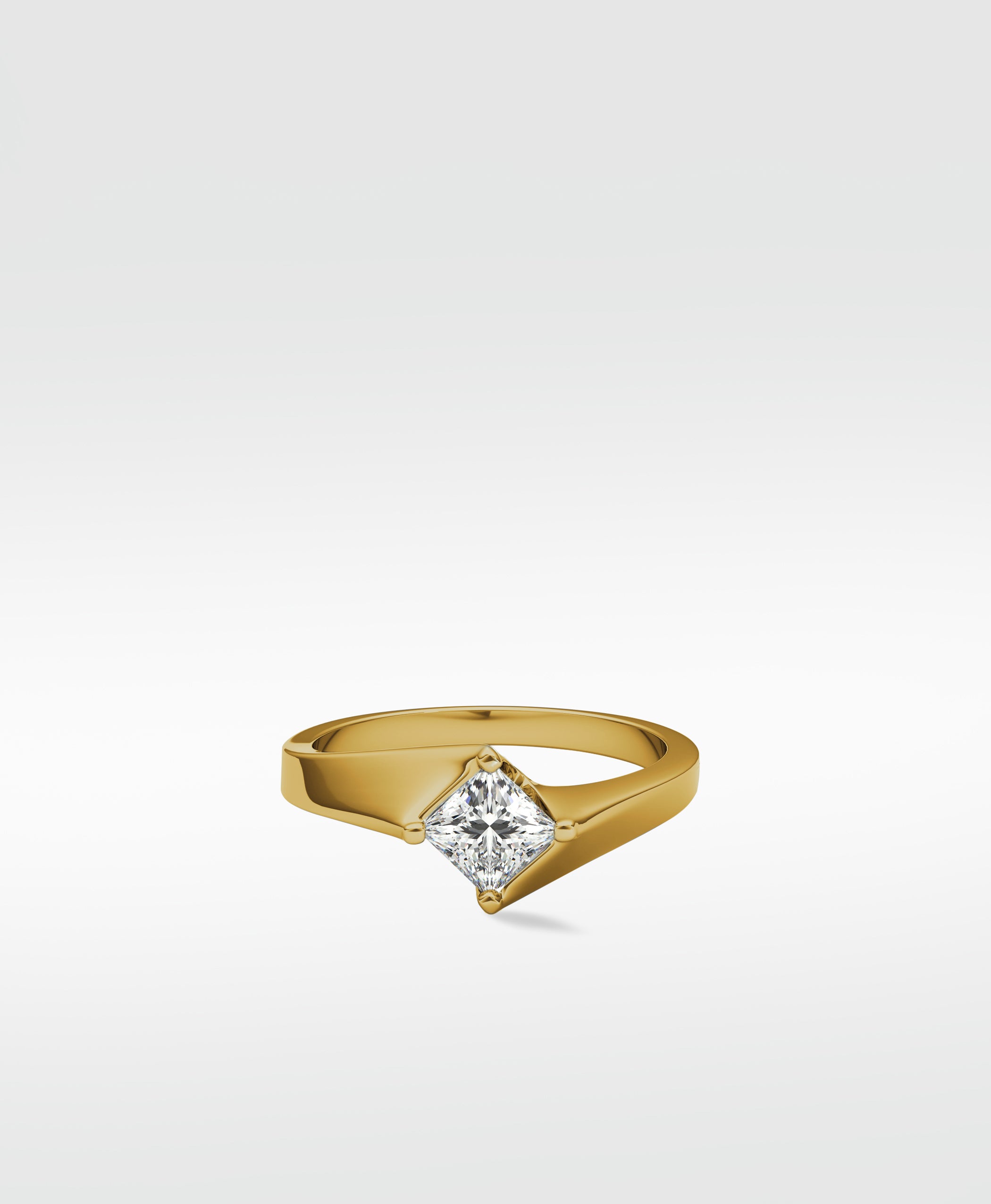 The Elder Engagement Ring in yellow gold, featuring a modern, sweeping band that cradles a brilliant princess-cut diamond.