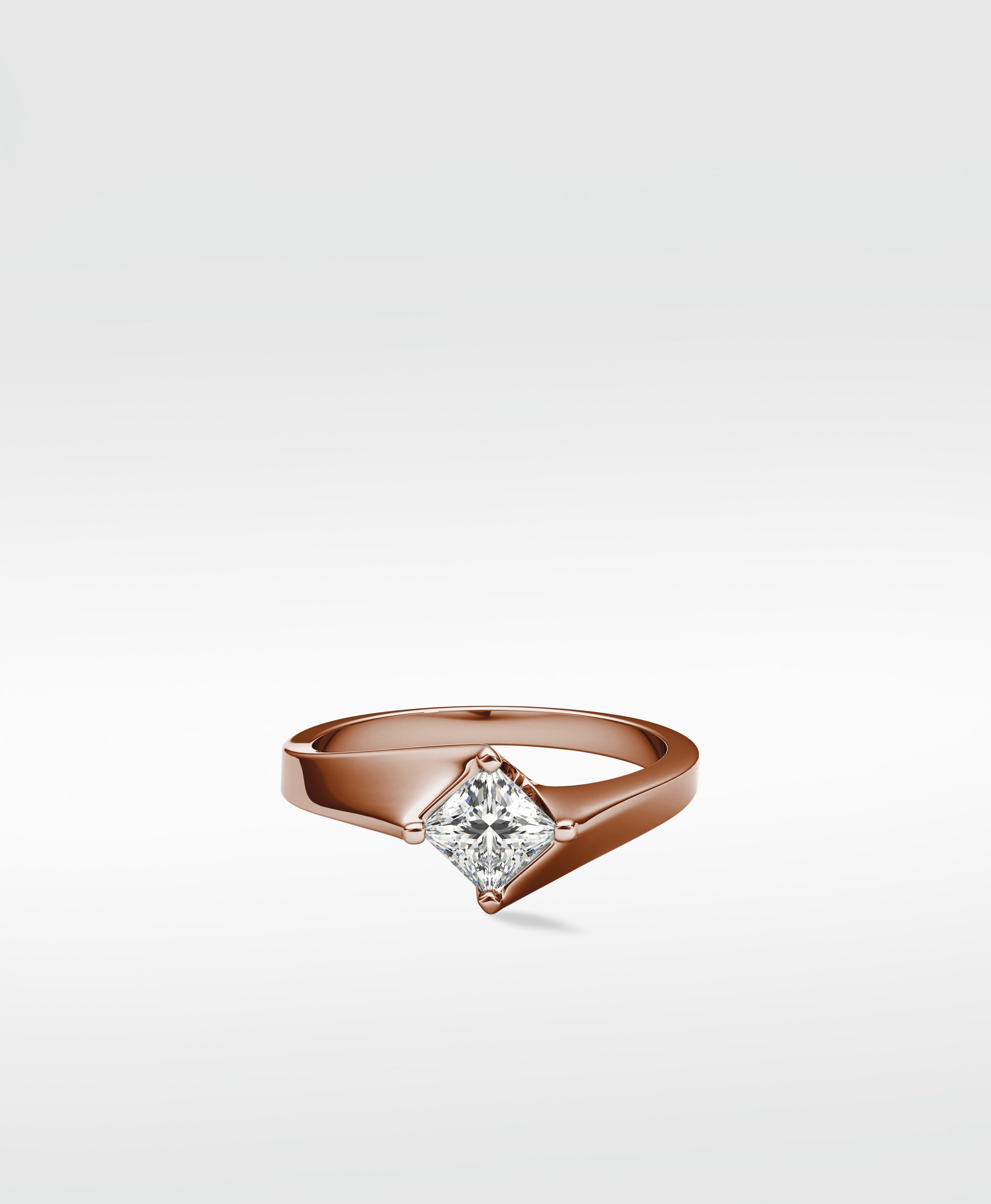 The Elder Engagement Ring featuring a princess cut diamond in a modern, twisted rose gold setting on a white background.
