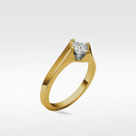 The Elder Engagement Ring in yellow gold, featuring clean lines and a stunning princess cut diamond solitaire against a white background.
