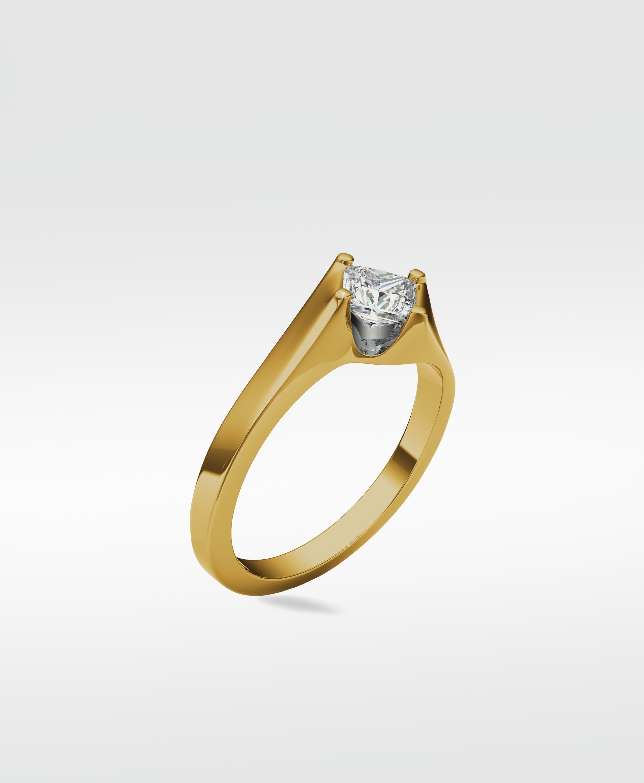 The Elder Engagement Ring in yellow gold, featuring clean lines and a stunning princess cut diamond solitaire against a white background.