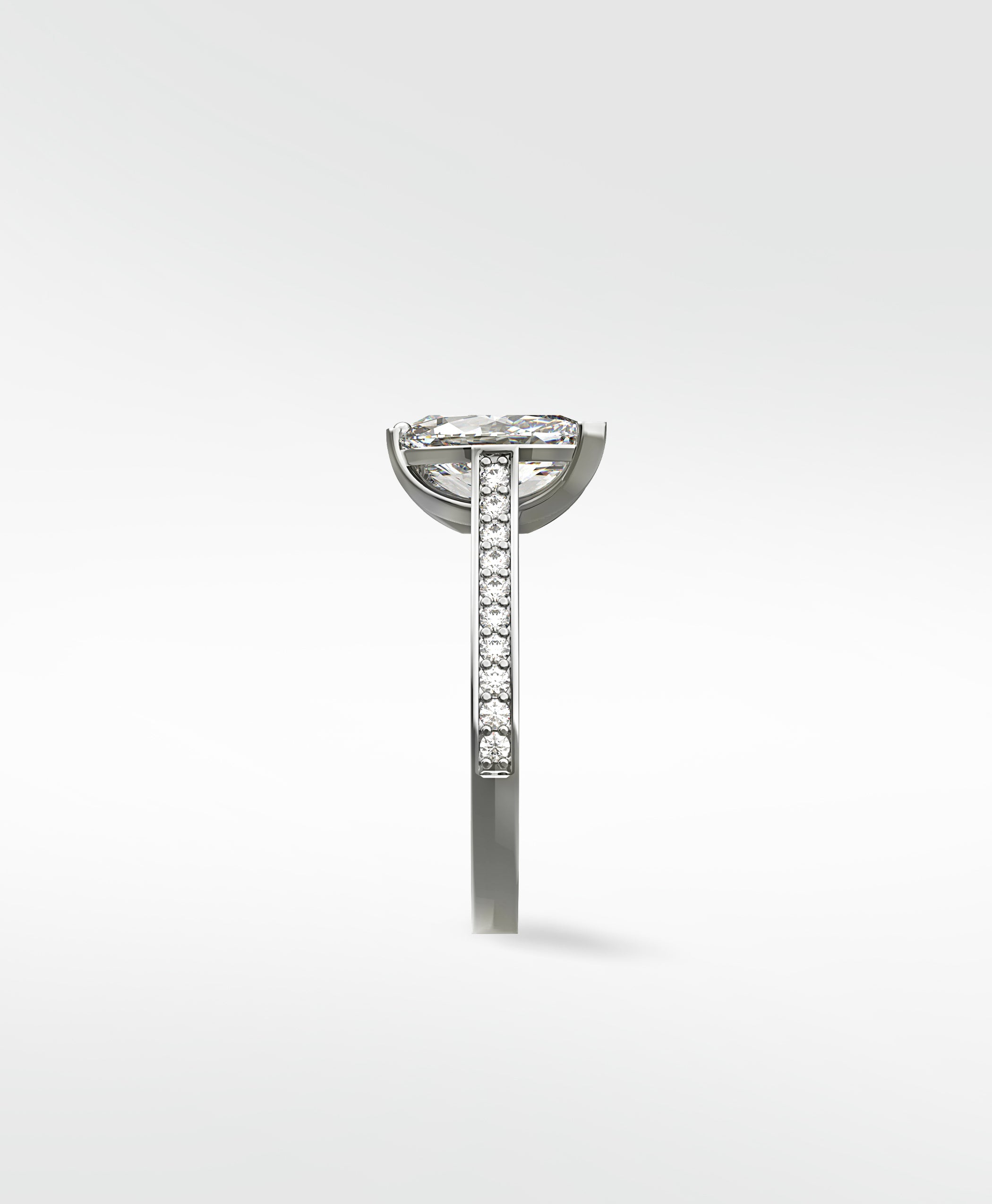 Side profile of the Wisteria Diamond Engagement Ring in platinum, showing the pavé diamond band and basket setting.