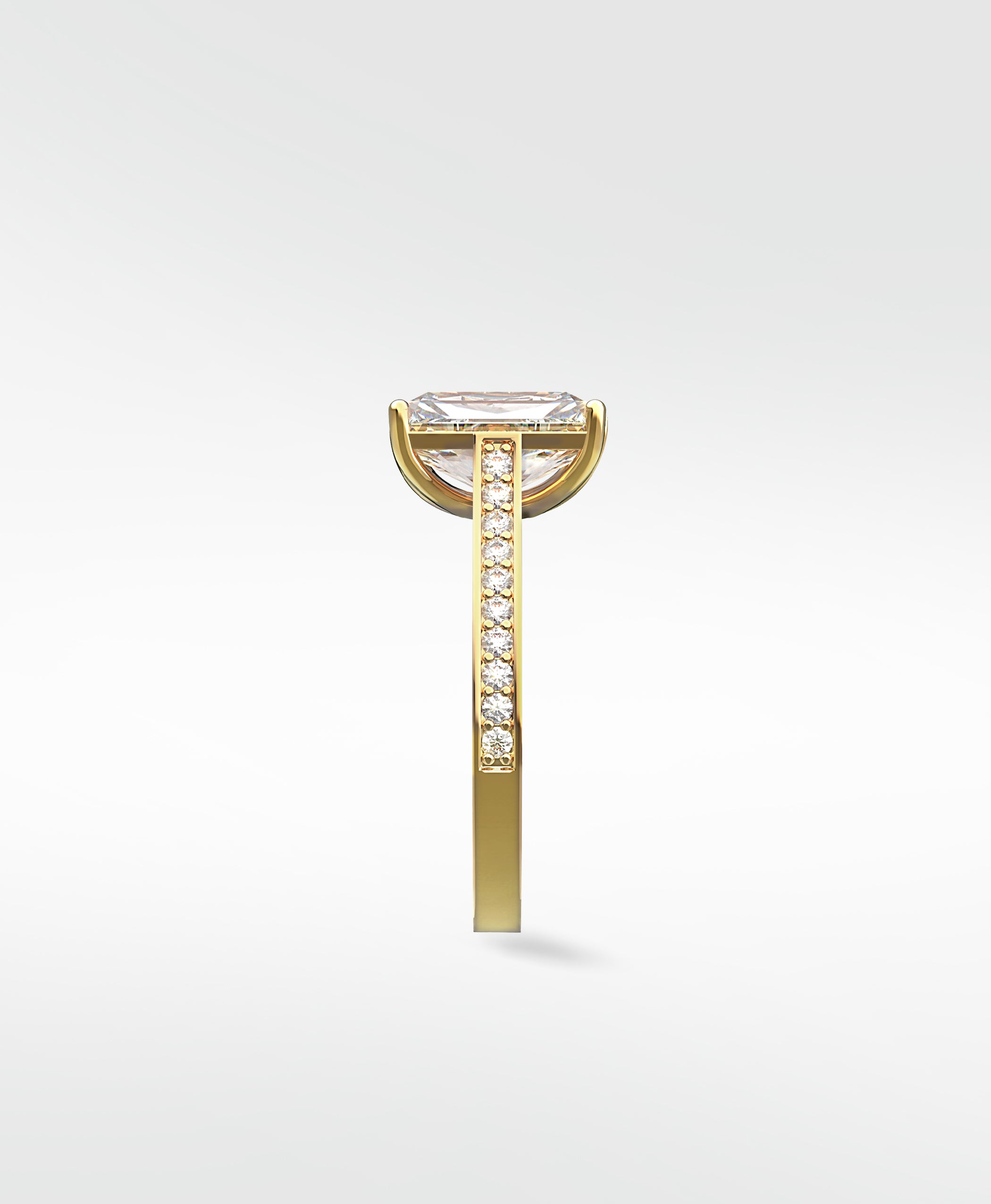 Side profile of the Wisteria Diamond Engagement Ring, highlighting the pavé diamonds on the yellow gold band.