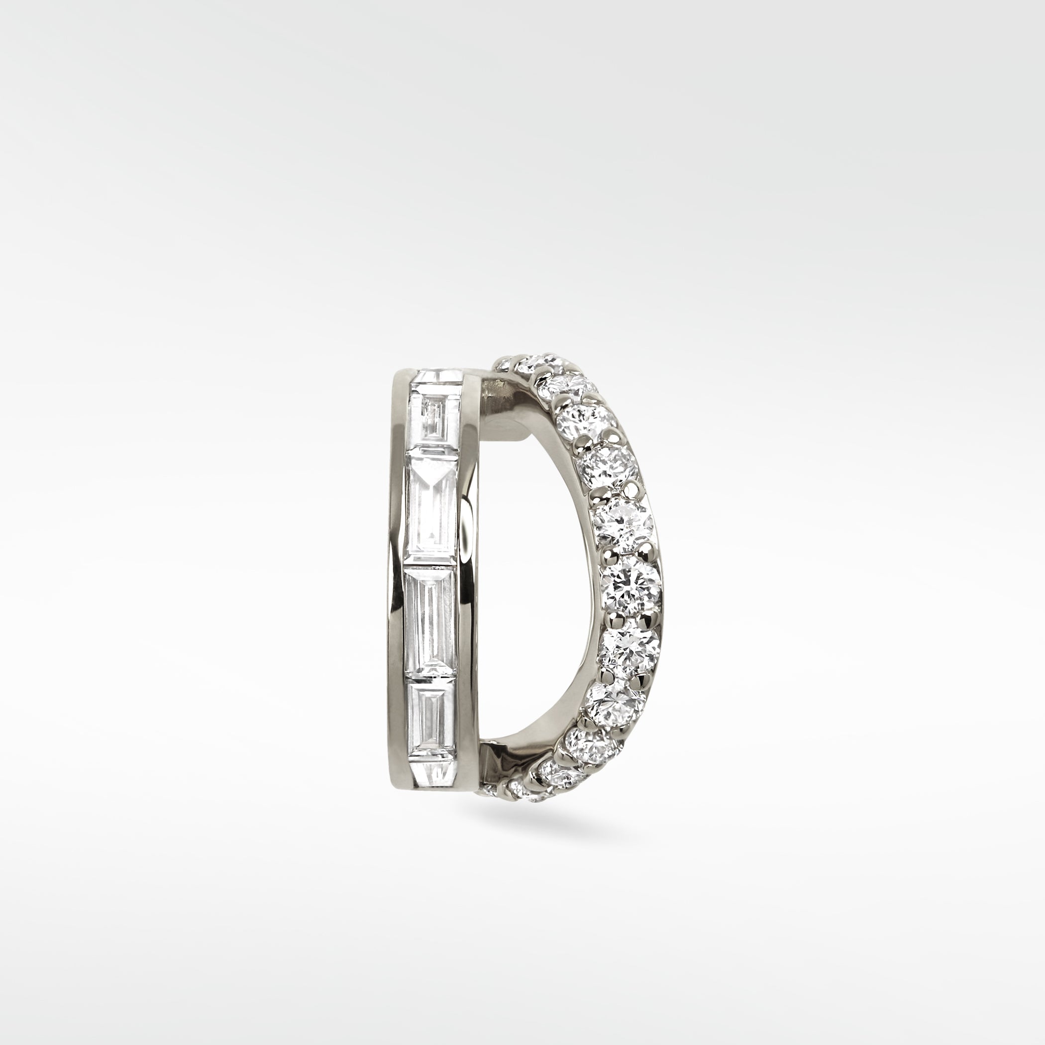 Lark & Berry Modernist Double Diamond Hoop in white gold with one band of baguette diamonds and one of brilliant-cut diamonds.