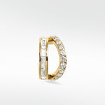 Modernist Double Diamond Hoop earring in yellow gold, featuring contrasting rows of baguette and brilliant-cut diamonds.