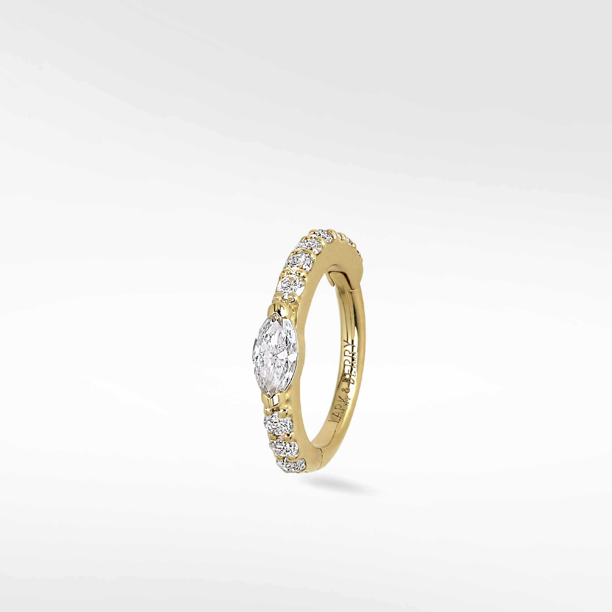 Lark & Berry Modernist Marquise Pave Hoop in yellow gold, featuring a central marquise diamond surrounded by pave diamonds.