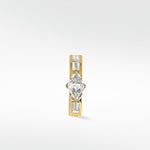 Front view of the Modernist gold hoop earring with a triangle diamond center and baguette diamond accents.