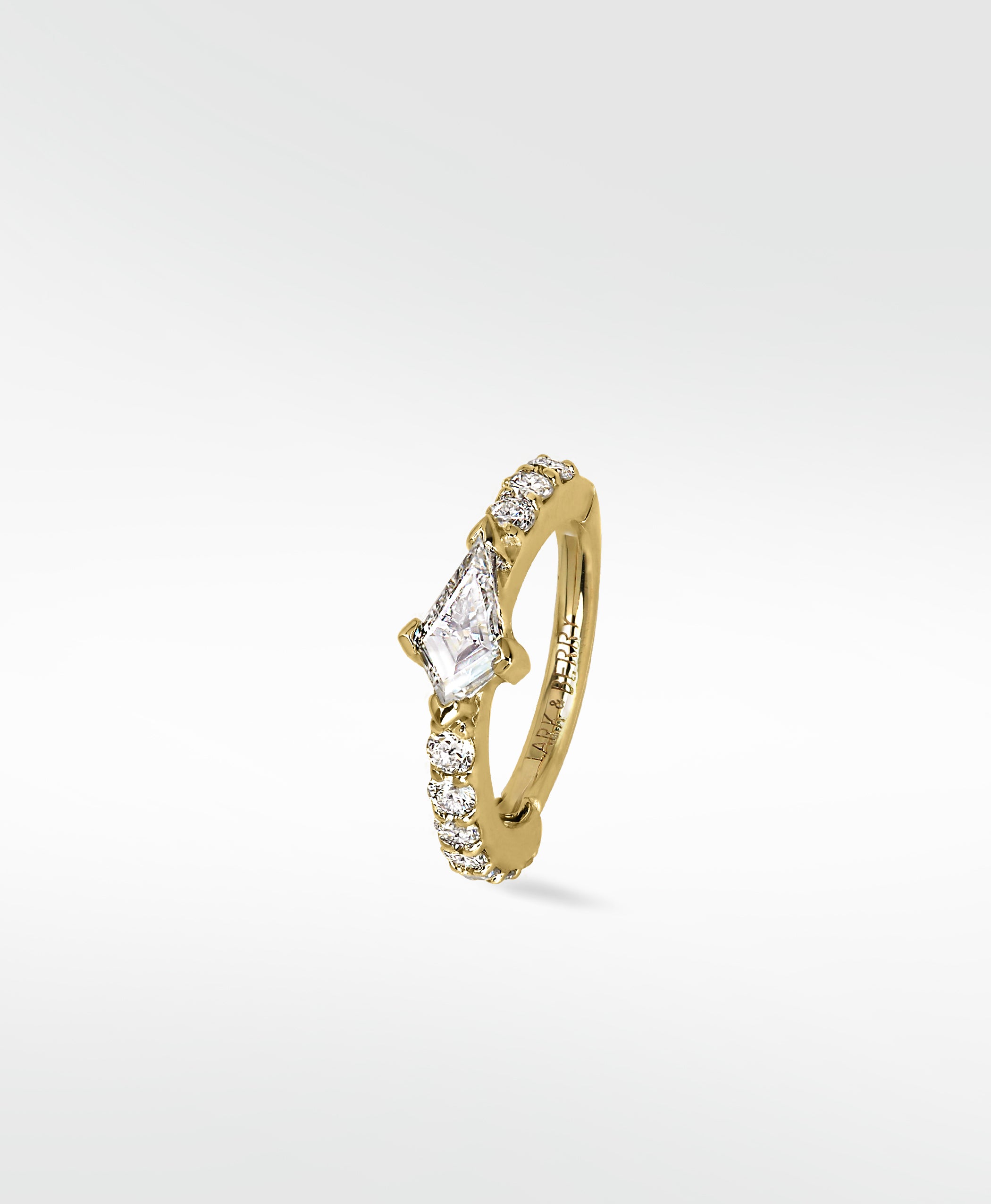 Lark & Berry Modernist Kite Diamond Hoop in 14k yellow gold with pavé diamonds on the band.