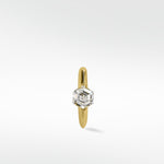 A single 14k yellow gold knife-edged hoop earring featuring a bezel-set hexagonal diamond, shown on a white background.