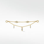 Lark & Berry Double Diamond Drop Chain in yellow gold with bezel-set and dangling marquise diamonds.
