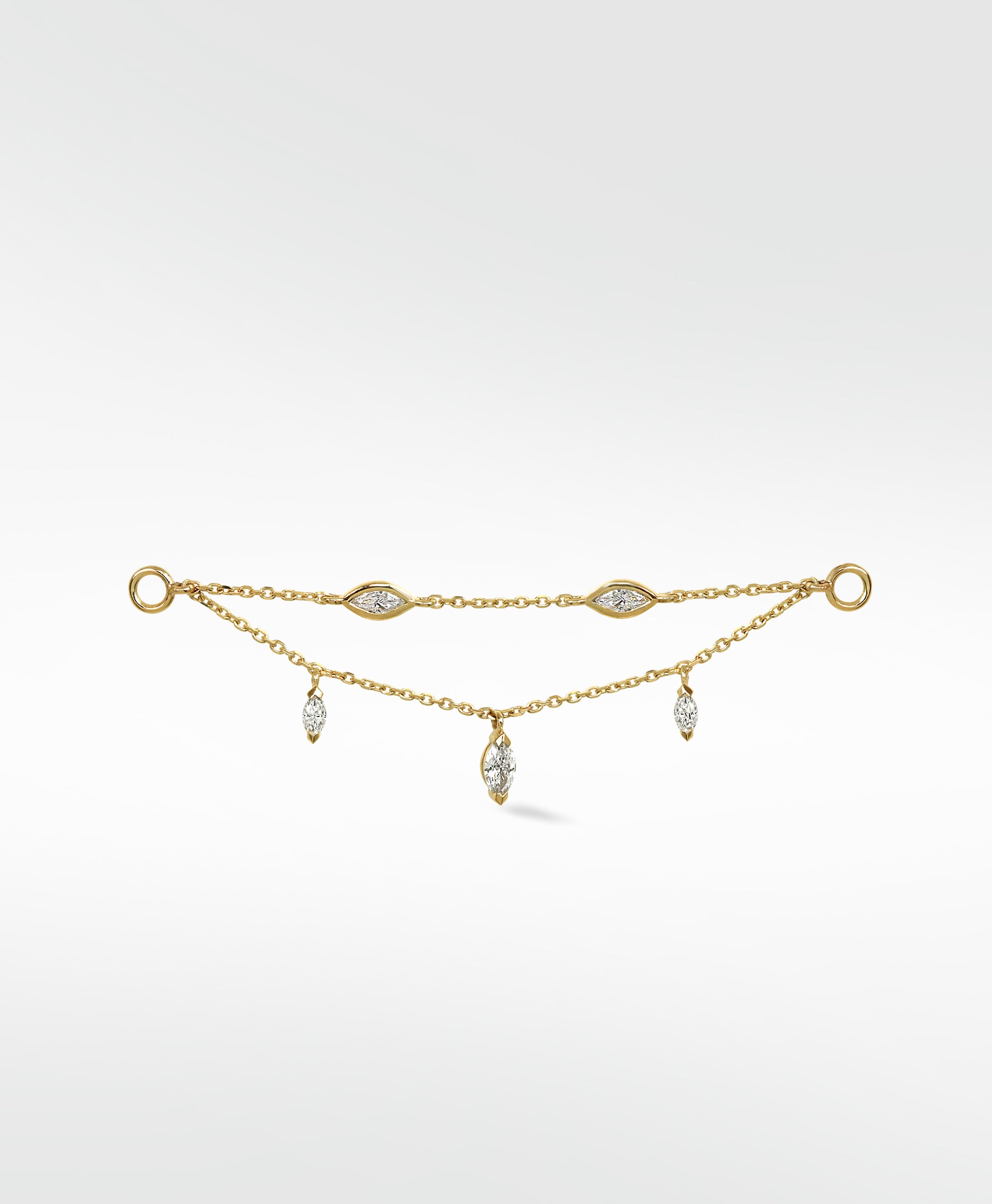 Lark & Berry Double Diamond Drop Chain in yellow gold with bezel-set and dangling marquise diamonds.