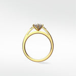 Profile view of the Kentia Engagement Ring in yellow gold, featuring a round center diamond and accent stones on a split shank.