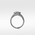 Side view of the Wild Cherry Diamond Engagement Ring with a halo setting and pavé split shank band.
