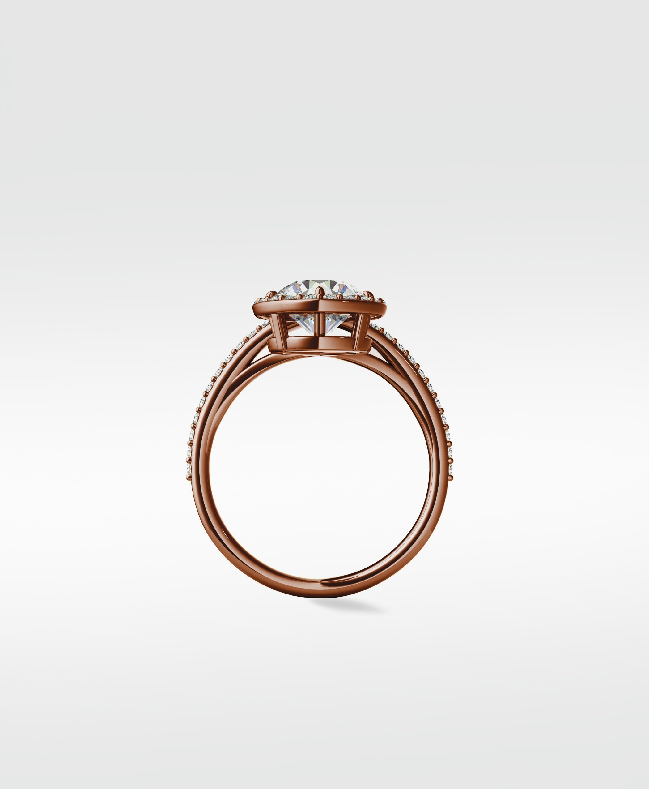 Side profile of the rose gold Wild Cherry Diamond Engagement Ring with a halo setting and pavé diamond band.