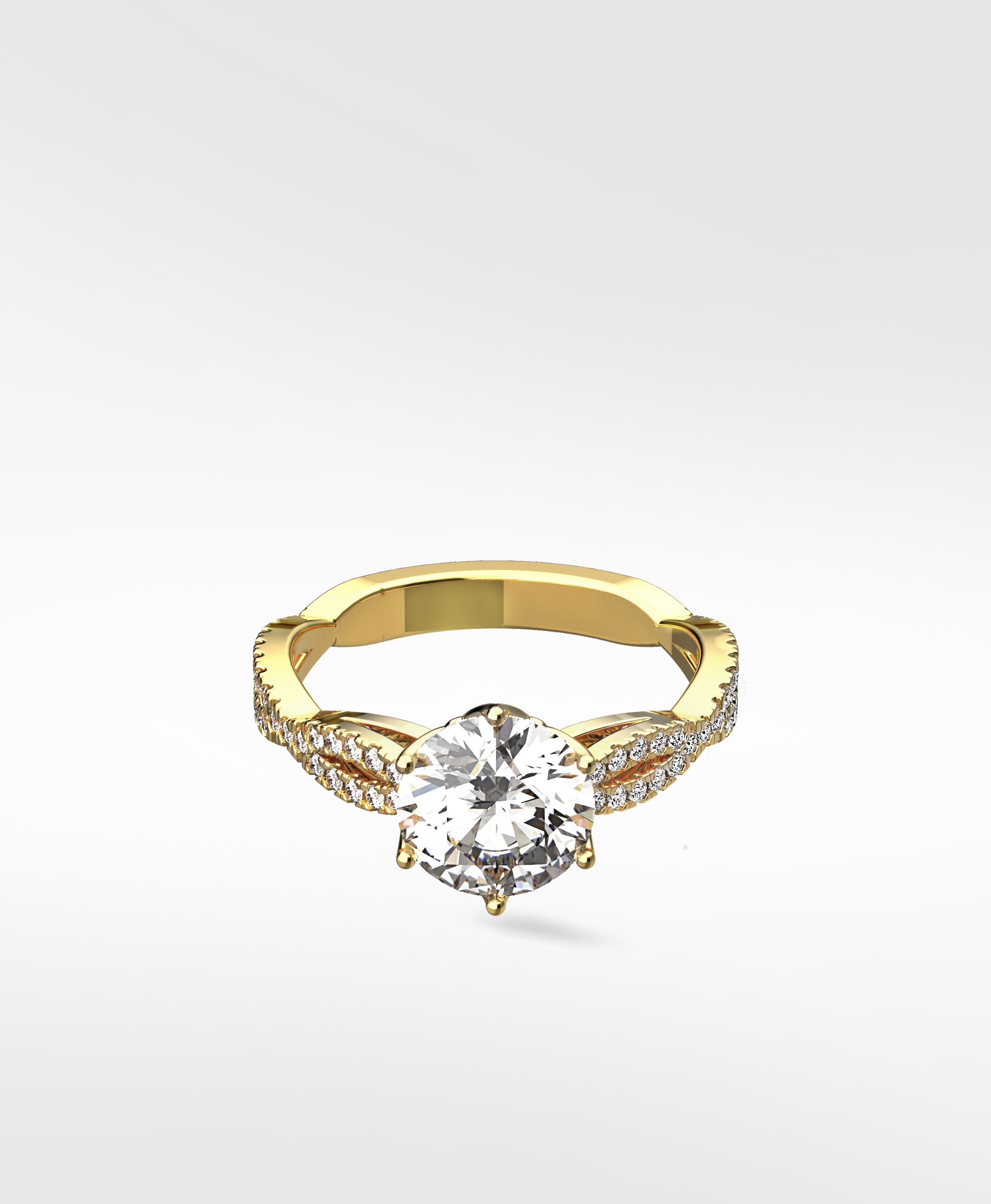 A yellow gold engagement ring with a round brilliant diamond set on a pavé-encrusted split shank band.