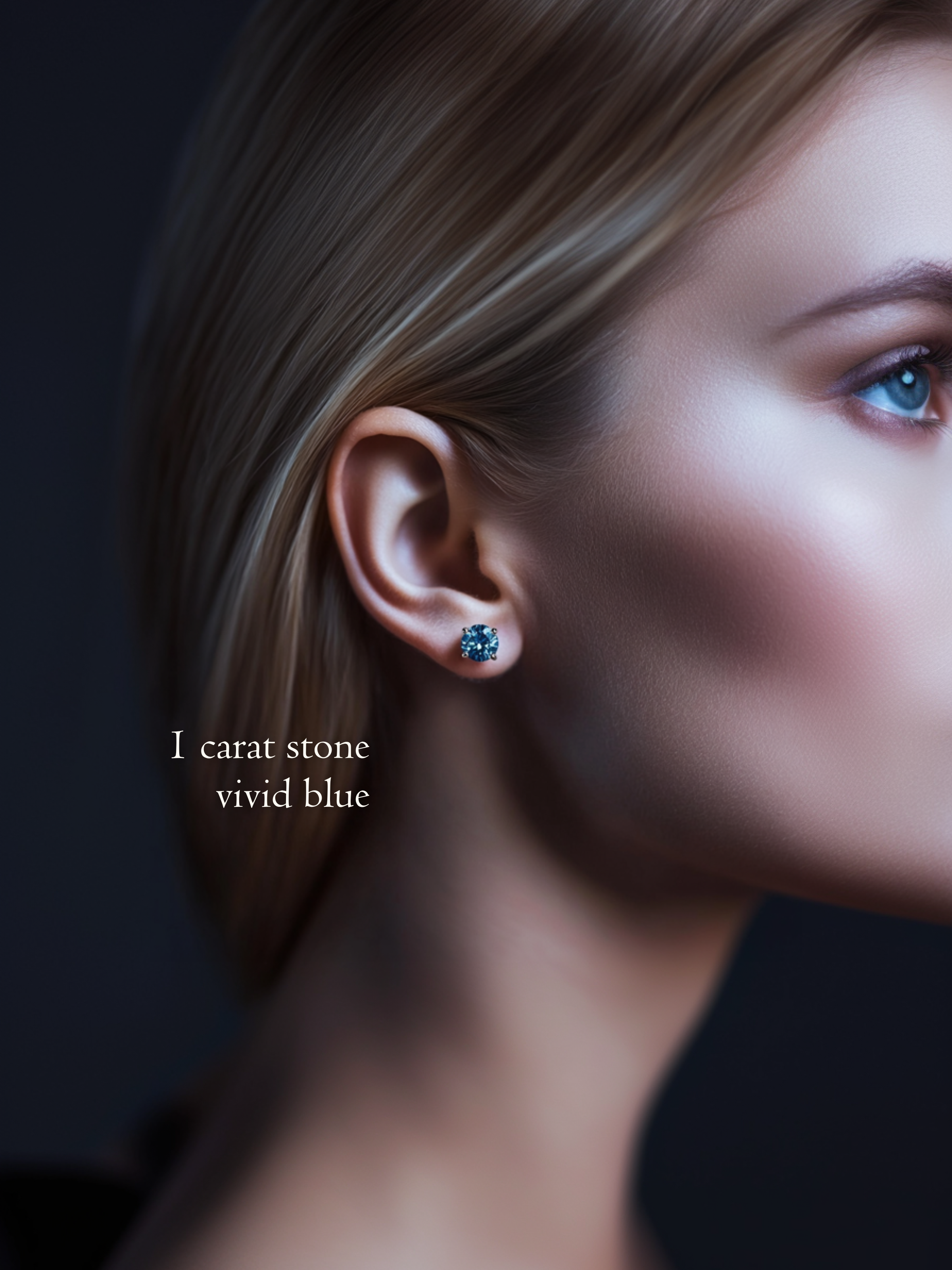 Close-up of a model wearing a 1 carat vivid blue, brilliant round cut diamond stud earring against a dark background.